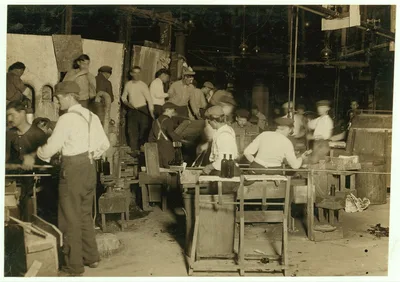 Night scene in Cumberland Glass Works, Bridgeton, N.J. Small boy in…, New Jersey, 1909