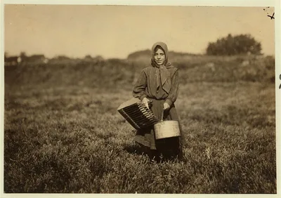 Carrie Maderyos ready to pick. Said 12 years old - 2nd year picking.…, Massachusetts, 1911