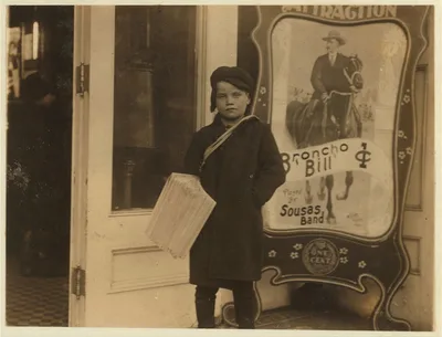 Newsie, ten years old. Going into a moving picture theatre with his…, New York (State), 1910
