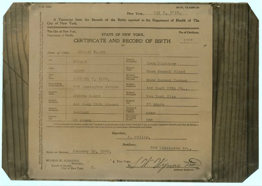 Birth certificate in the State of New York.  Location: New York…, New York (State), 1913