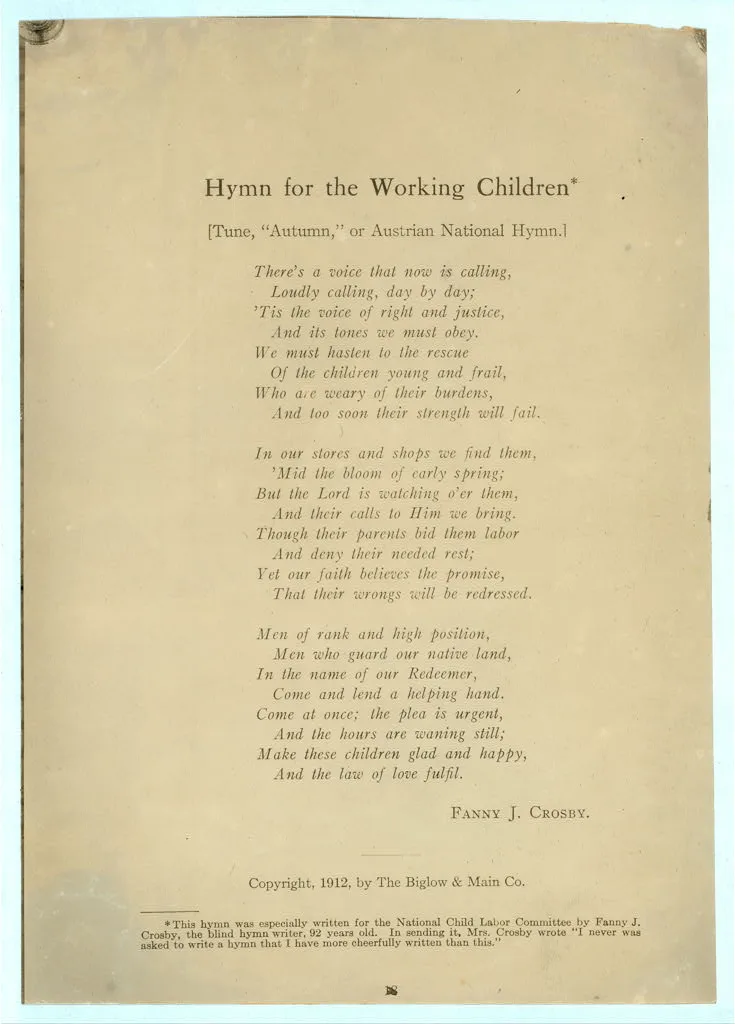 [Printed page of text: "Hymn for the Working Children" by Fanny J.…, 1913