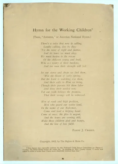 [Printed page of text: "Hymn for the Working Children" by Fanny J.…, 1913