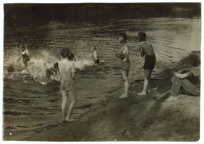 [The Swimming Hole. Group of boys - 14 to 16 years - just returned…, Massachusetts, 1916