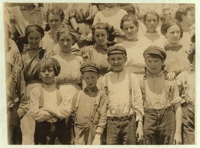 Detail of faces of younger workers in Aragon Mill, Rock Hill. Several…, South Carolina, 1912