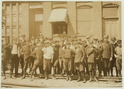 [Group in front of Indian Orchard Mfg. Co. Everyone in public was…, Massachusetts, 1911