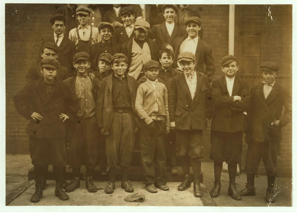 Group in front of Office Steps. Boy on left end (in front) ran away…, Massachusetts, 1911