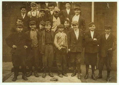 Group in front of Office Steps. Boy on left end (in front) ran away…, Massachusetts, 1911