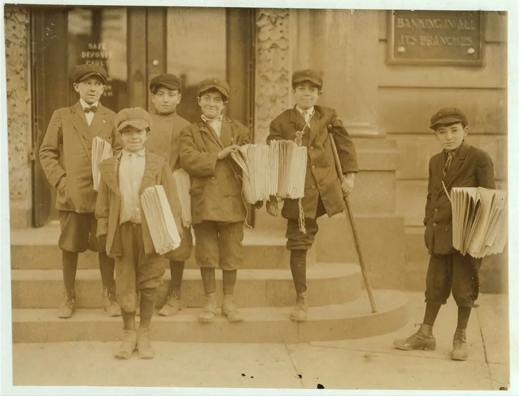 3 P.M. Some of the boys at a busy trolley junction. 3 brothers,…, New Jersey, 1912
