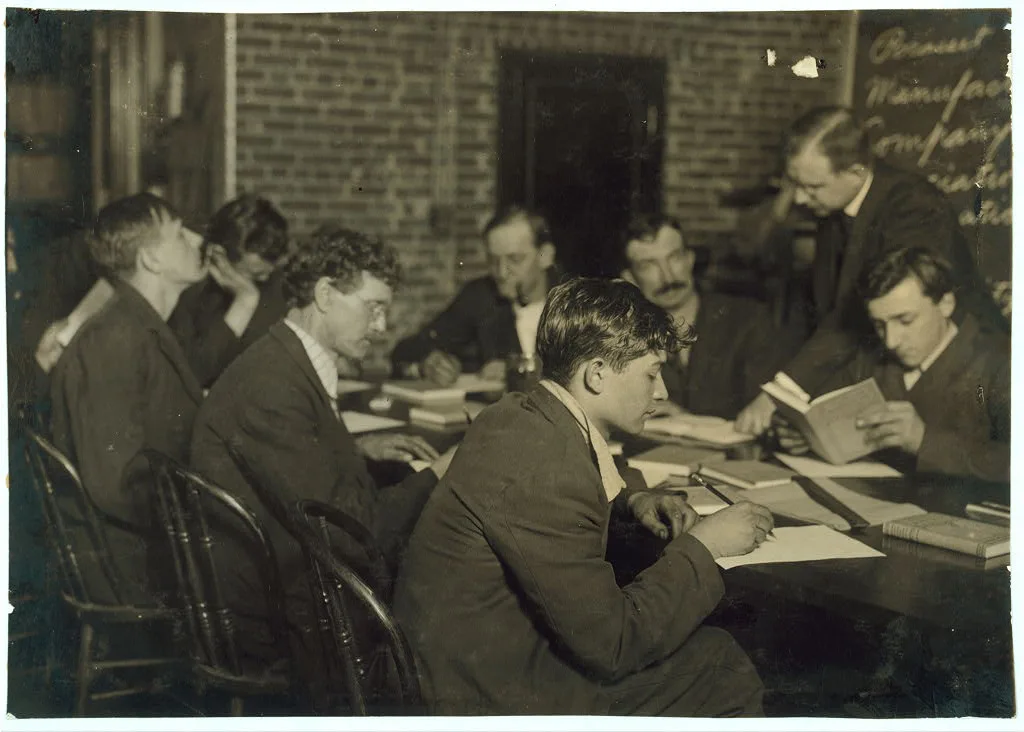 Class in English for employees. Pocasset Mill. After day's work. …, Massachusetts, 1916