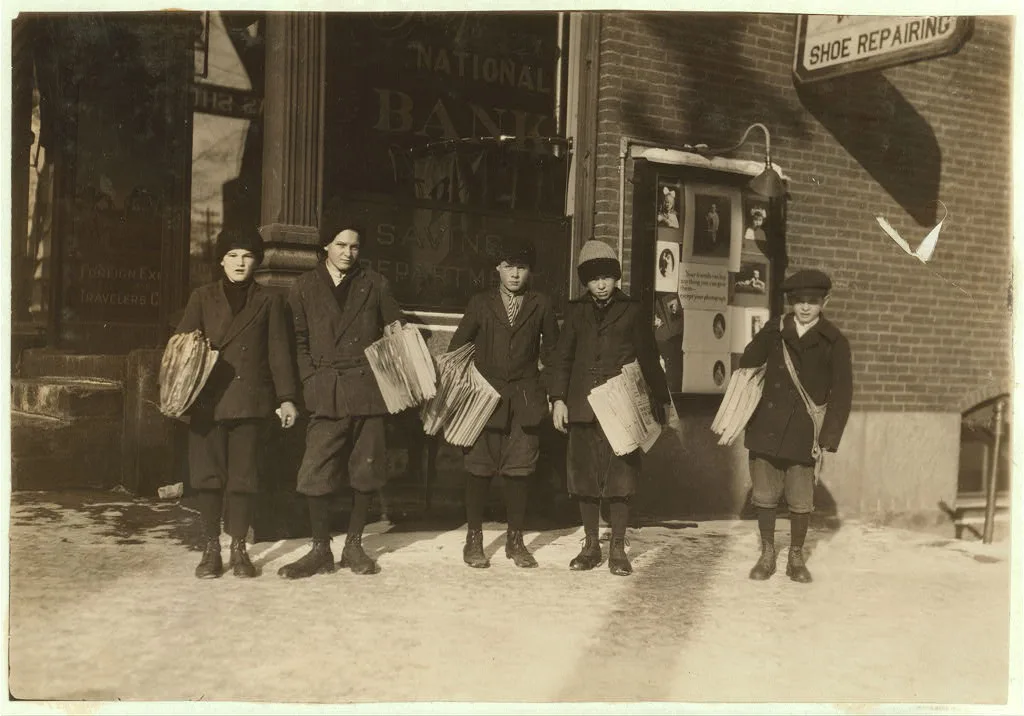 Group of newsies (youngest 10 years) selling Boston papers at noon.…, Vermont, 1916