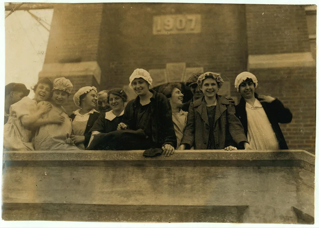 [Kerr Thread Mill. All over 16. Having fun with camera man. Good…, Massachusetts, 1916