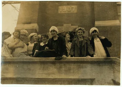 [Kerr Thread Mill. All over 16. Having fun with camera man. Good…, Massachusetts, 1916