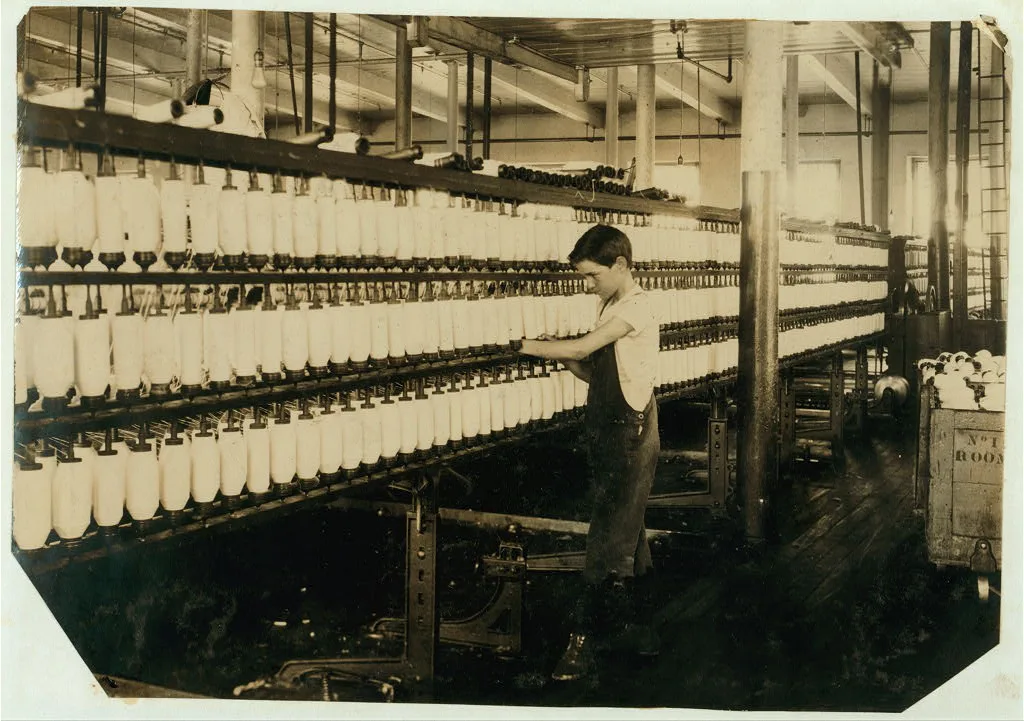 [King Philip - Mule Spinning Room. Back boy - Roving. Charles…, Massachusetts, 1916