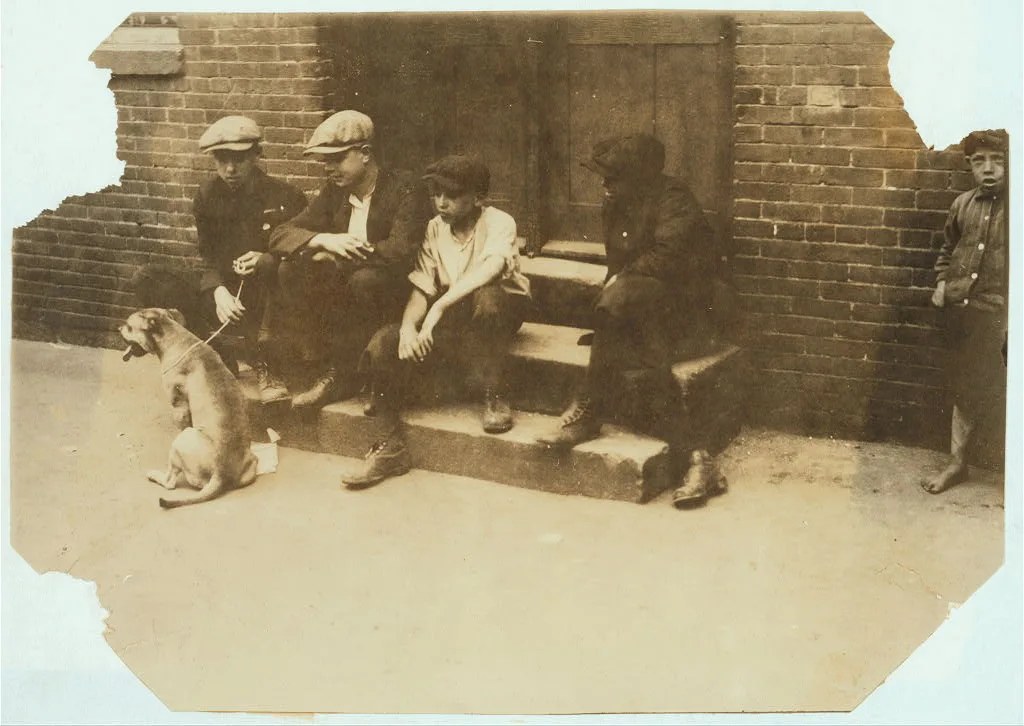 Loafing around. Group of boys who had been sweepers and doffers, then…, Massachusetts, 1916