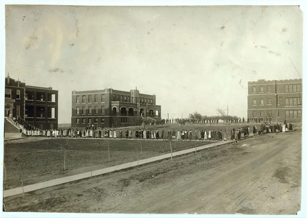 Marching to supper, Training School for Deaf Mutes. Crowded…, Oklahoma, 1917